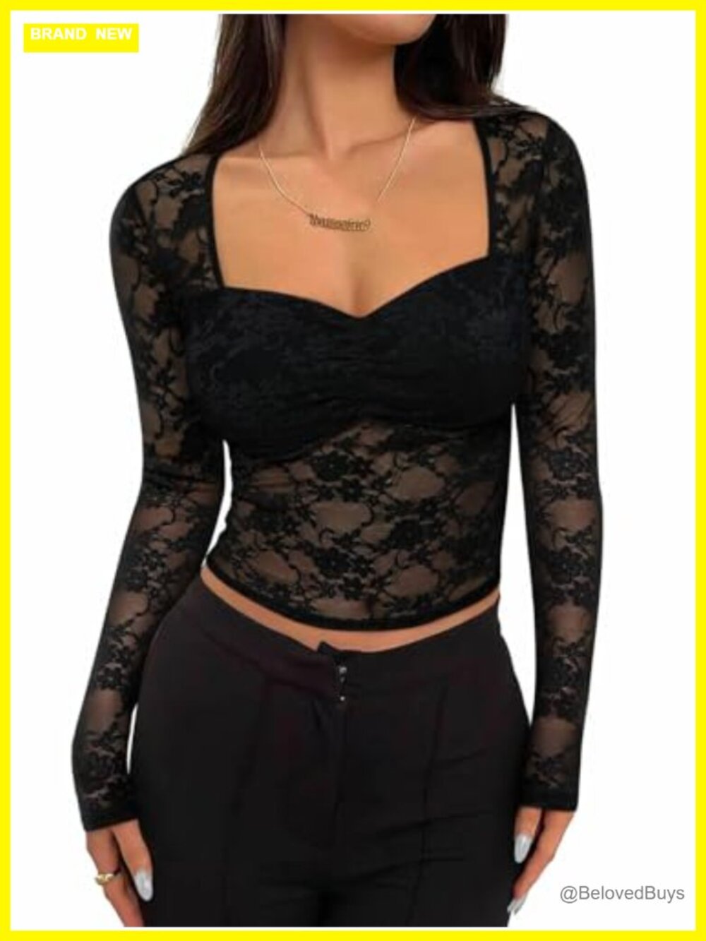 Womens Sheer Mesh Lace Long Sleeve Fitted Top Y2K Going Out